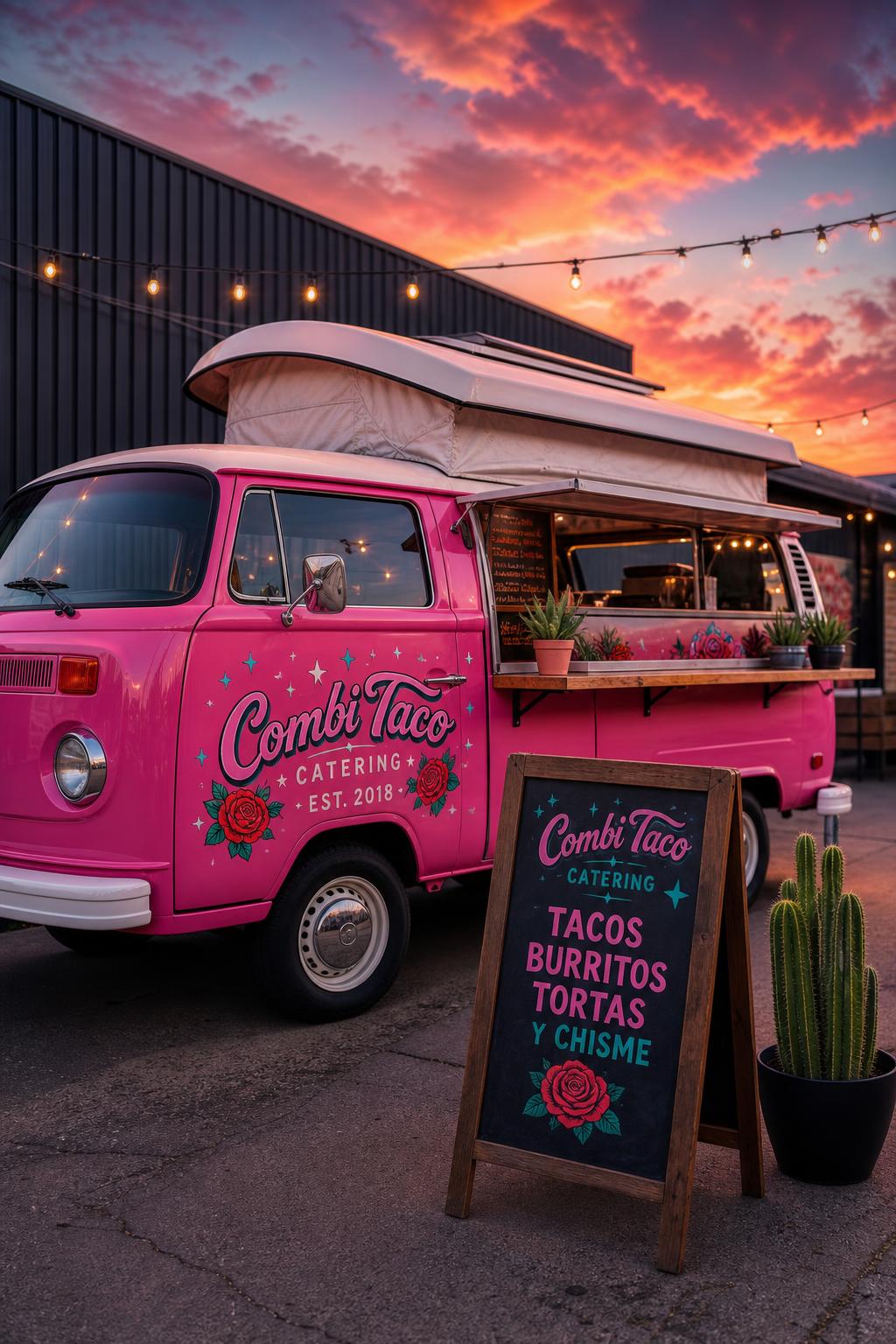 Combi Taco 1978 VW bus food truck serving street tacos at an evening event