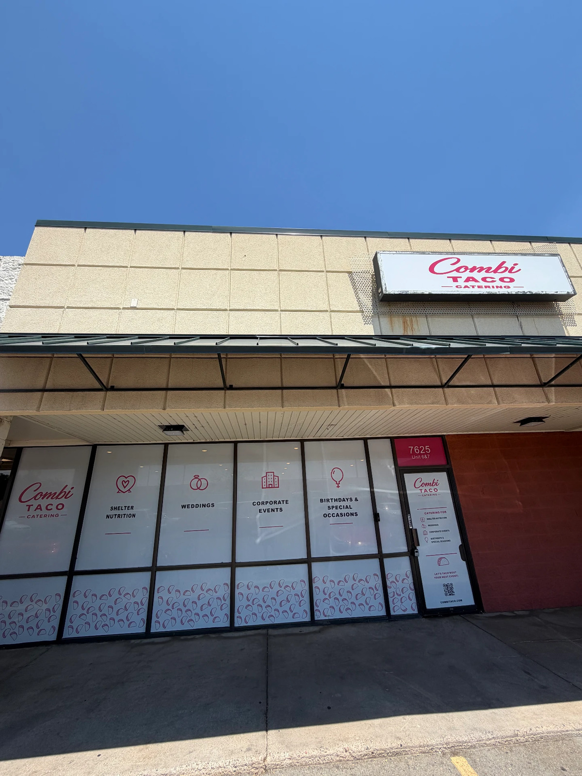 Combi Taco Catering storefront in Denver with shelter nutrition and catering window graphics